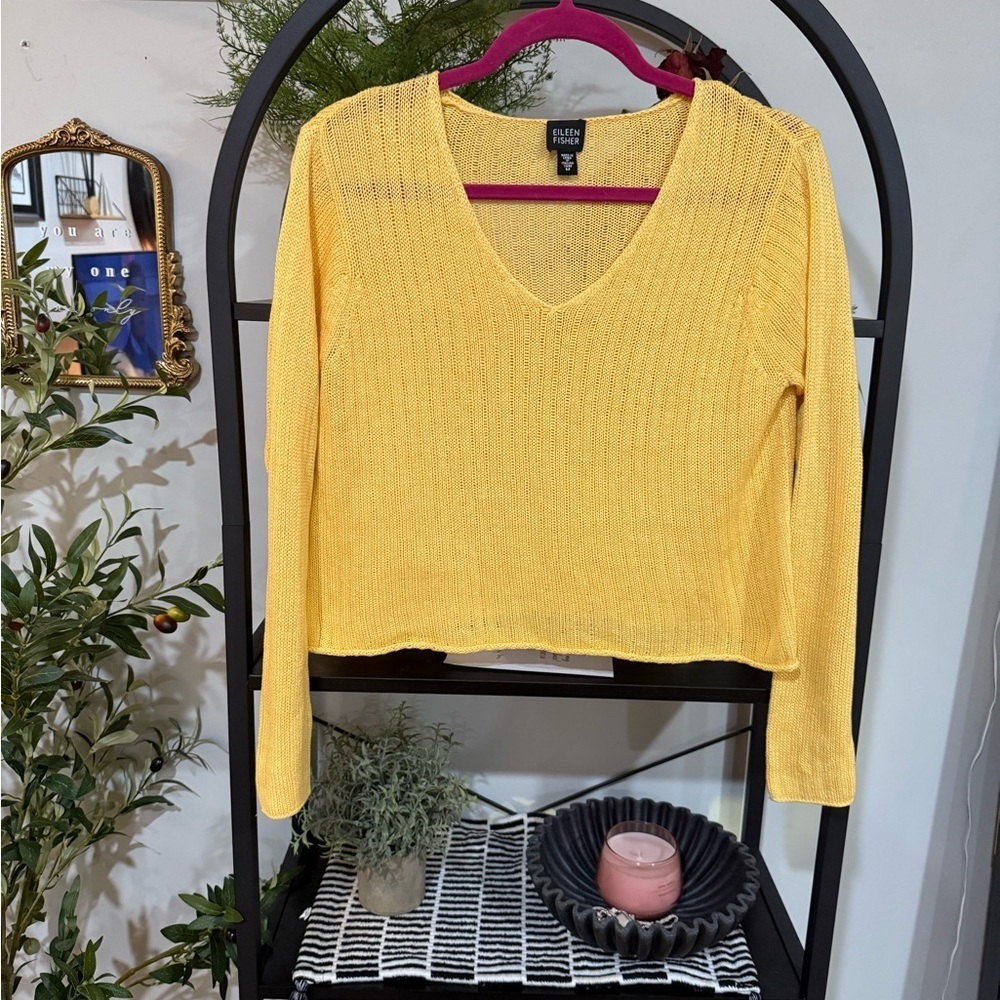 Eileen Fisher Yellow Knit Top light weight sweater 100% cotton